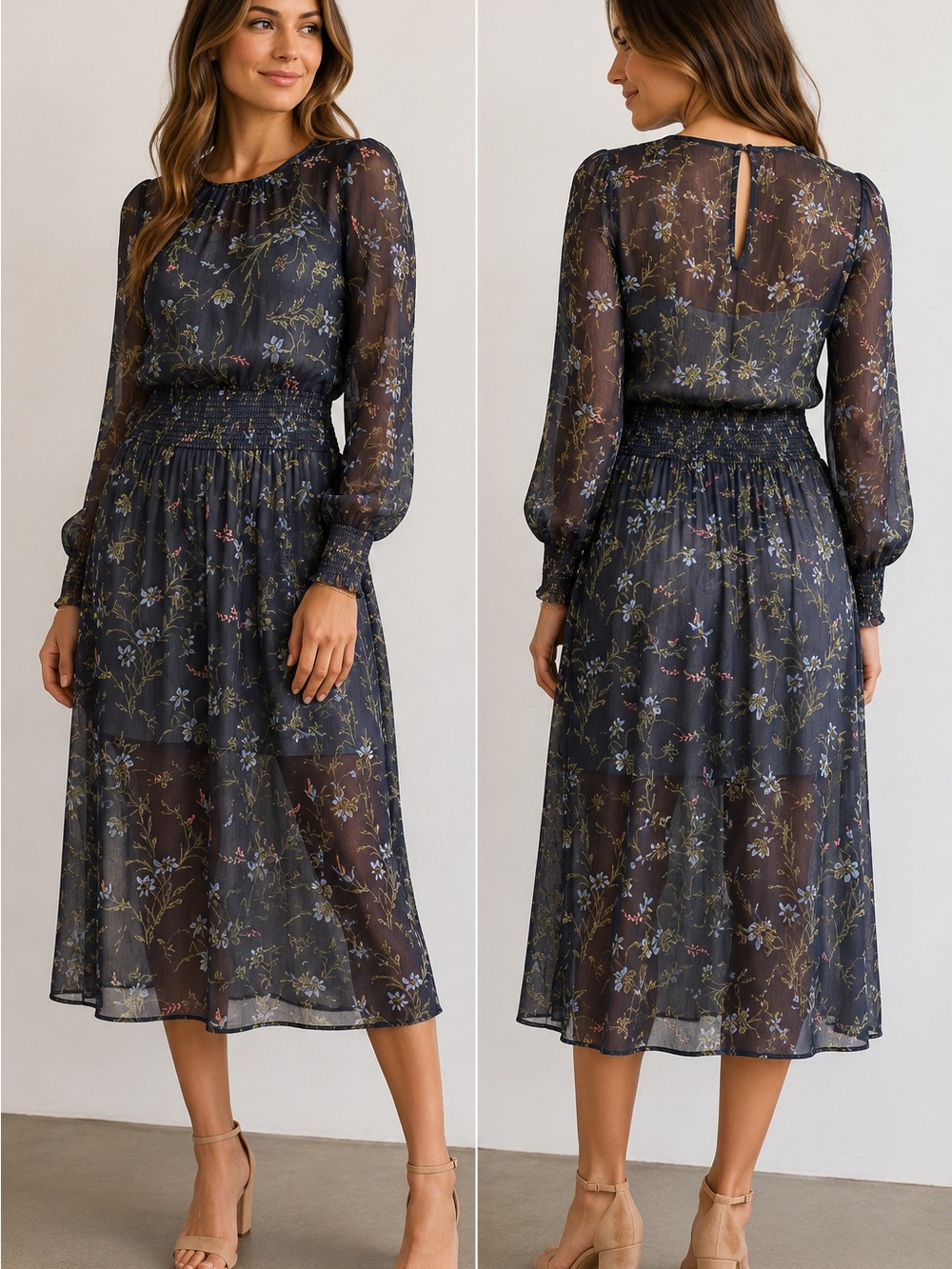 The|Grey Blue Floral Sheer Chiffon Smocked Waist Midi Dress
